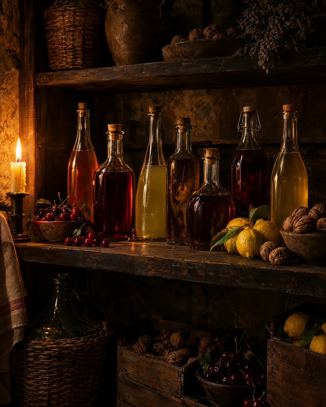 Homemade liqueurs on pantry shelves by candlelight