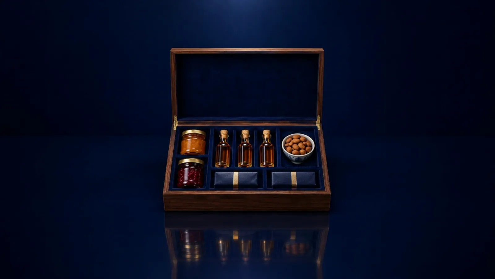 An open walnut case lined in navy velvet with preserves, liqueurs, chocolate and almonds