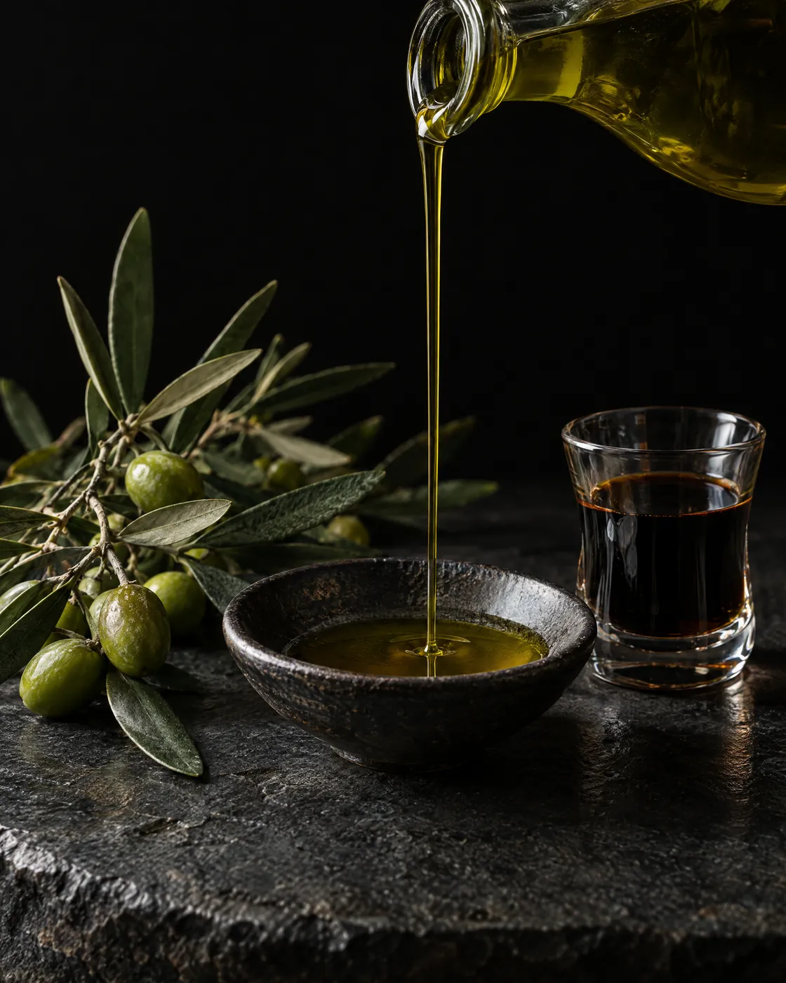 Olive oil poured beside olives and aged balsamic