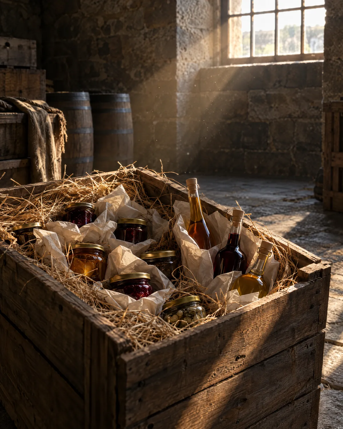 A wooden crate of jars and bottles packed in straw in late afternoon light