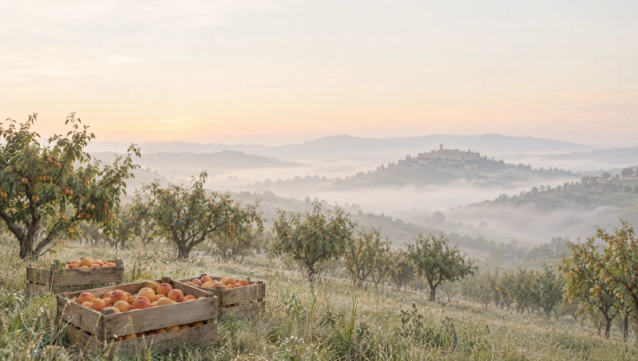 An apricot orchard in the Marche hills at first light, with crates of ripe fruit in the dewy grass