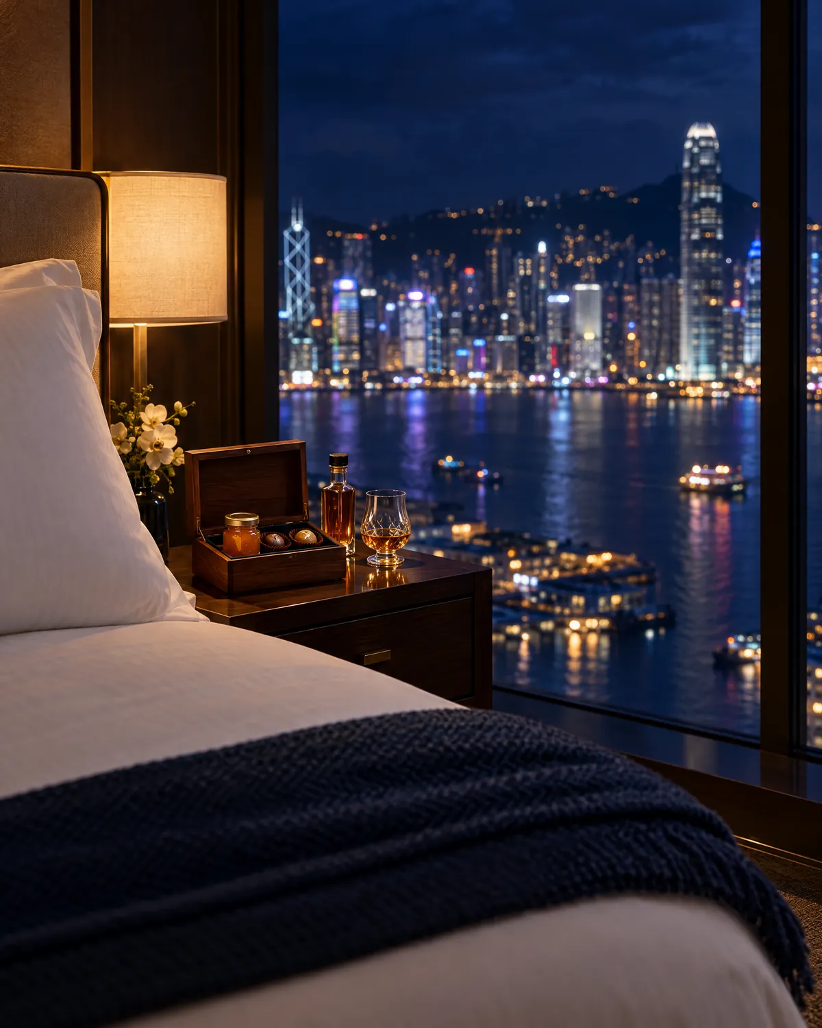 A hotel bedside at night with an open walnut case of preserves, chocolates and liqueur